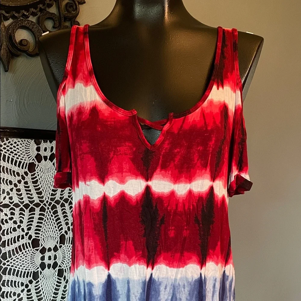 Rock & Republic Red White Blue Tie-Dye Cold-Shoulder Tank - Picture 2 of 5